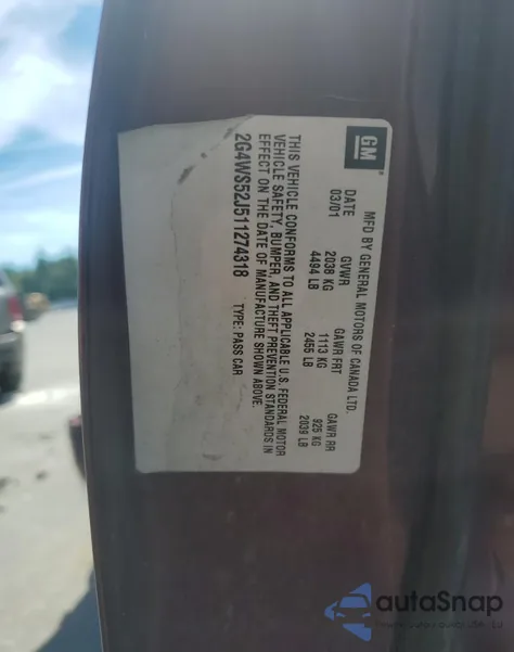 2001 Buick Century Custom из США, поврежденный, VIN 2G4WS52J511274318